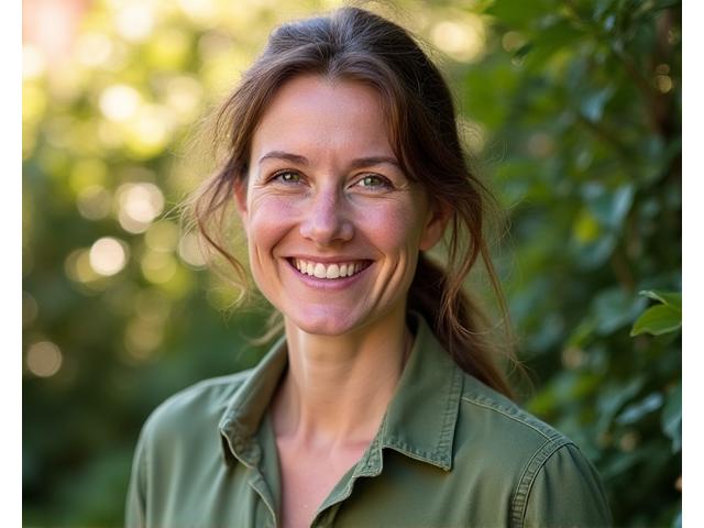 Portrait of Ladybug Lane founder, Eliza, smiling softly amid lush, natural greenery, conveying warmth and dedication.
