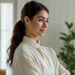 Portrait of Sophia, Head Curator, holding a small plant