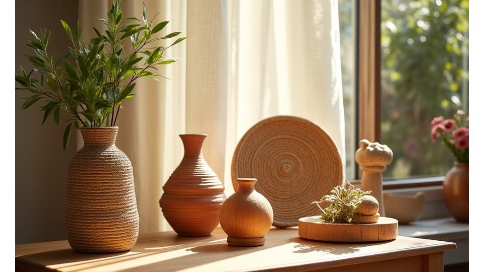 A collection of diverse artisanal crafts including a hand-woven basket, ceramic vase, and sculpted wooden bird, displayed in a sunlit, natural home setting.