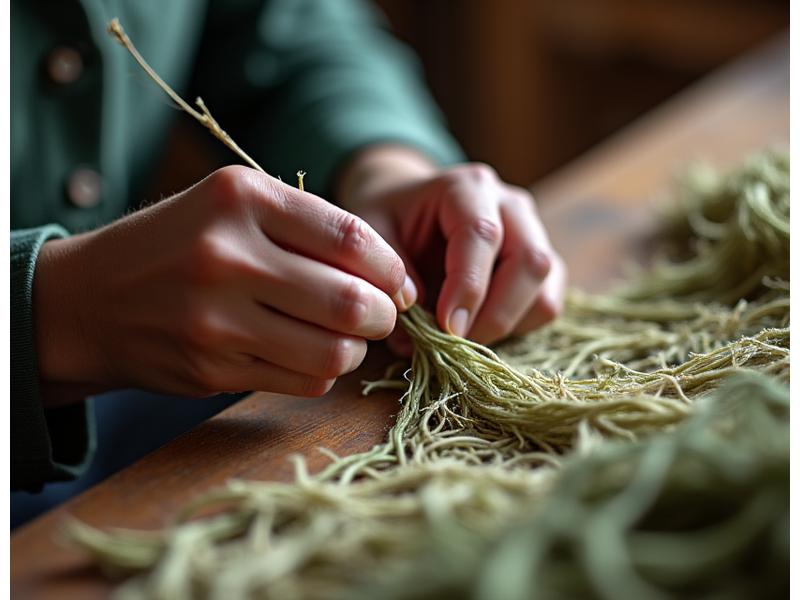 Close-up of artisan's hands carefully weaving natural fibers, vibrant but soft colors, emphasizing skill and traditional technique.
