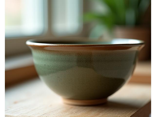 Hand-thrown ceramic bowl with earthy glaze on a wooden surface, showcasing artisanal pottery.
