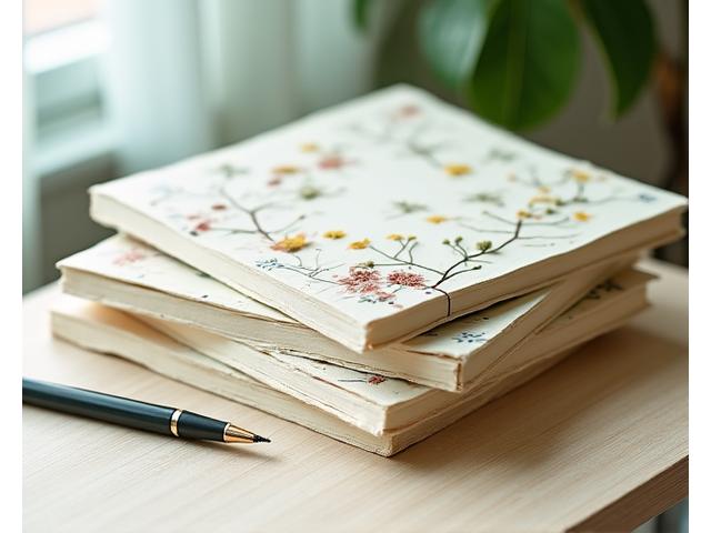 Stack of handmade paper journals with unique cover designs and pressed flowers, on a wooden desk.