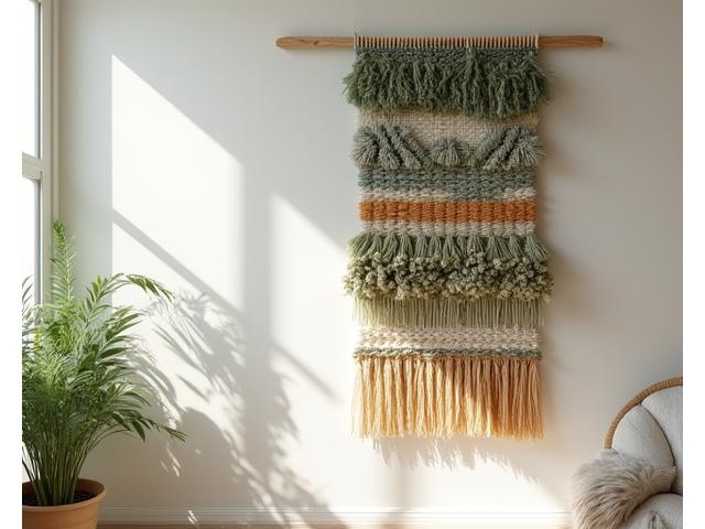 Intricately woven textile wall hanging with natural dyes, hanging in a light-filled room.