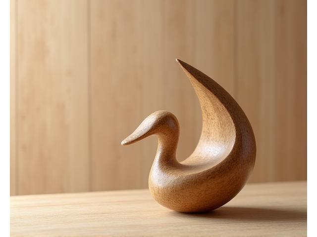 Carved wooden sculpture of an abstract bird, placed on a smooth, unstained wooden table.