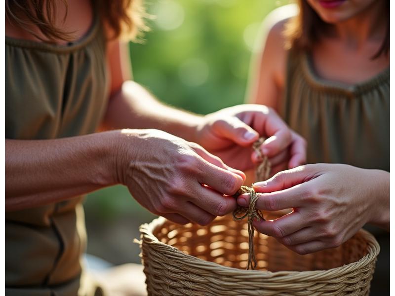 An older artisan teaching a young apprentice the art of intricate basket weaving, hands gently guiding, in a sun-dappled outdoor setting.