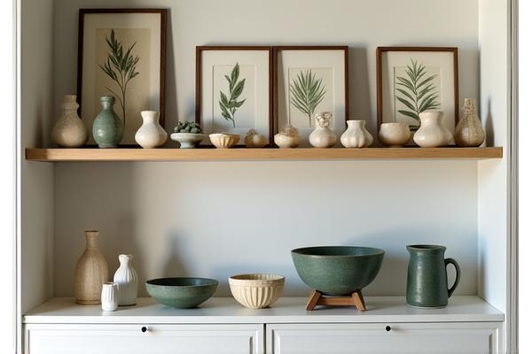 A tastefully curated display shelf showcasing various small artisanal ceramic figures, woven bowls, and framed botanical prints.