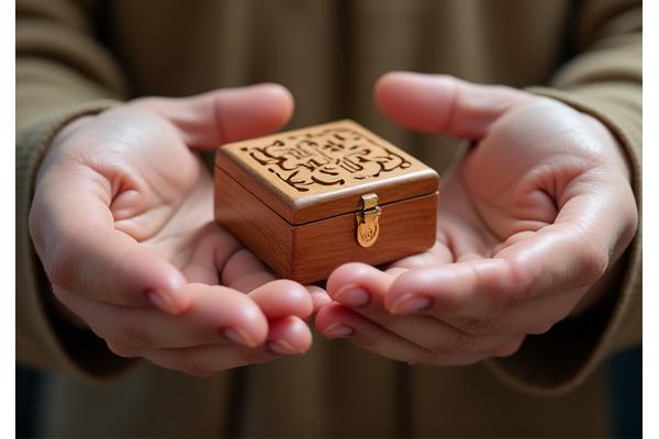 A close-up of hands receiving a beautifully crafted small wooden puzzle box, smiling.