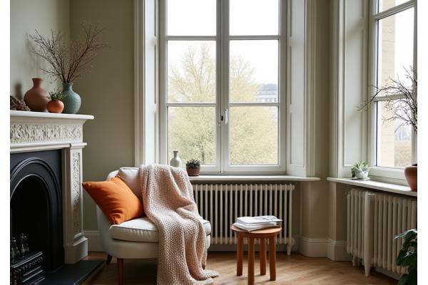A cozy living room styled with a unique hand-knitted throw blanket and a handcrafted ceramic vase on a mantelpiece.