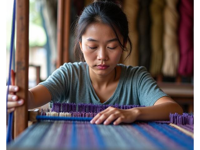 Kai, a textile weaver, meticulously working on a large, colorful loom in a bright studio.