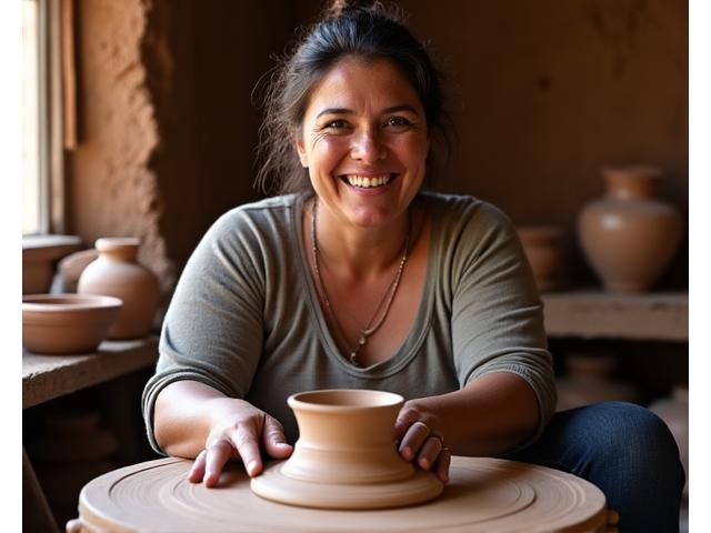 Maya, a potter, smiling while working at her potter's wheel in a rustic, sunlit workshop.