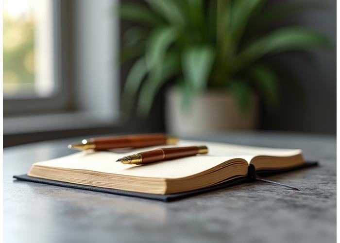 Elegant artisanal wooden pen and notebook set on a clean office desk, representing ethical corporate gifts.