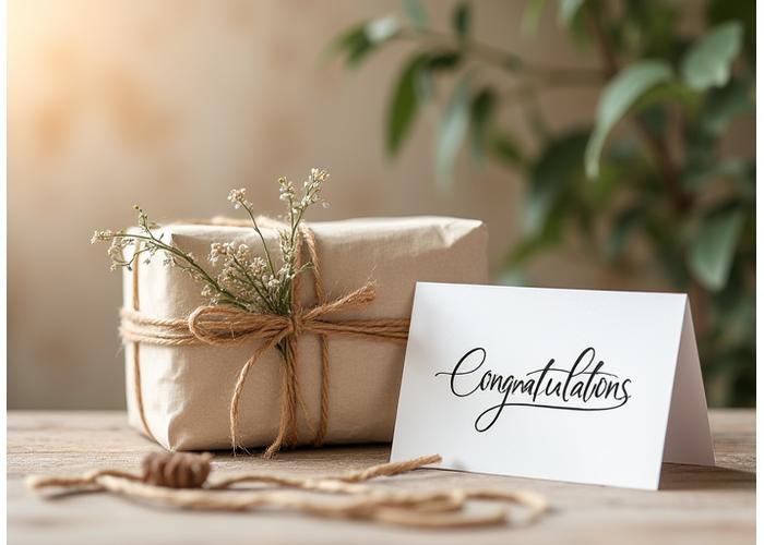 A beautifully wrapped handcrafted gift box, adorned with natural twine and a small dried flower, next to a 'Congratulations' card.