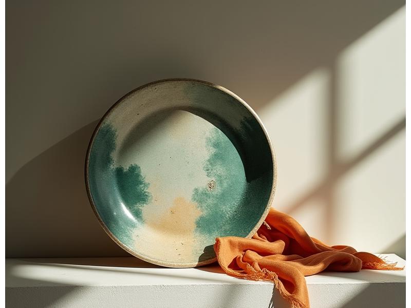 A beautifully arranged display of limited-edition ceramic and textile items, including a hand-painted plate and a naturally dyed scarf, subtly lit.