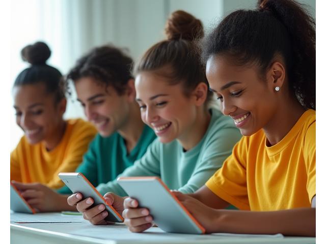 Group of diverse individuals participating in a challenge, perhaps tracking habits on a digital app or sharing notes, promoting accountability and shared goals.