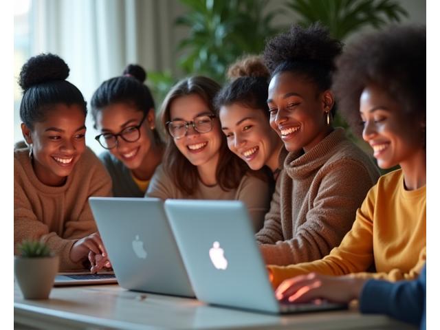 Diverse group of community members engaged in vibrant, supportive online discussions on laptops and mobile devices, smiling and contributing.