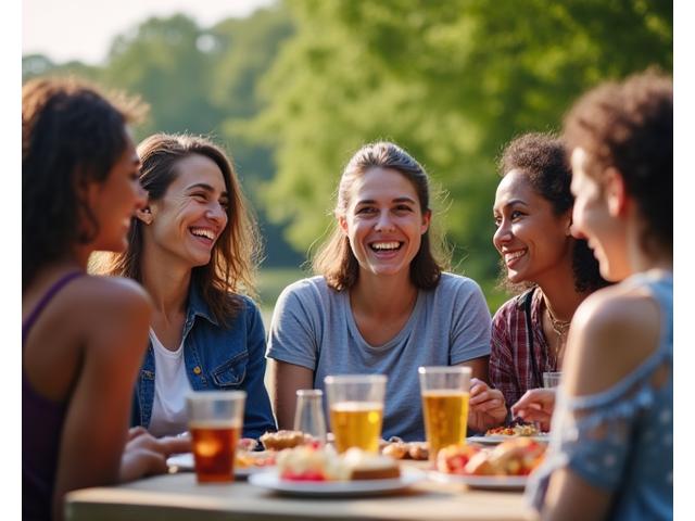 A diverse group of Ladybug Lane community members enjoying a picnic in a sunny London park, engaging in lively conversation and laughter.