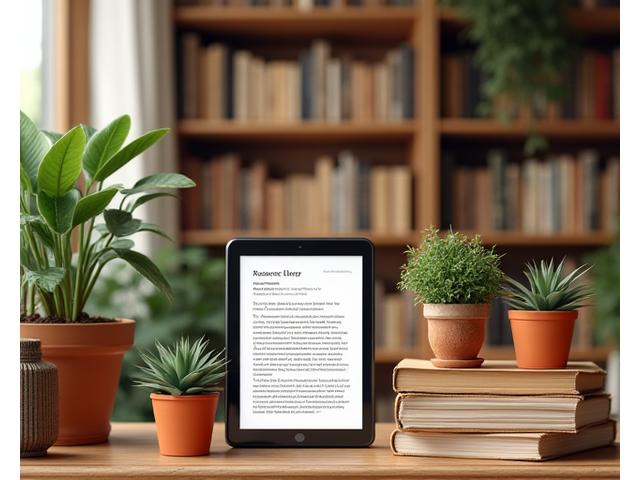 An open, aesthetically pleasing collection of books, tablets, and plants on a shelf, symbolizing a rich, curated resource library with community reviews.