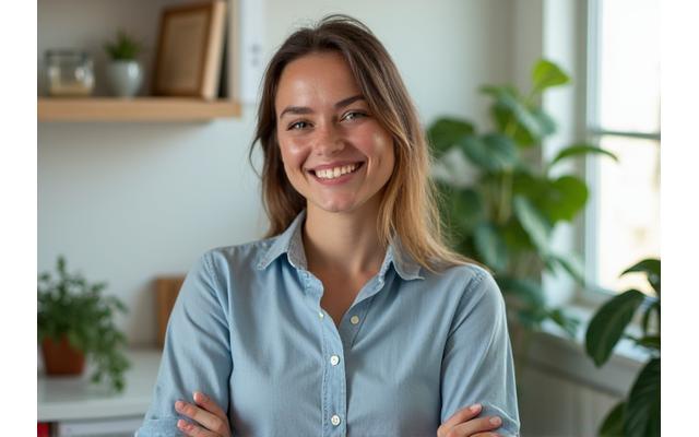 Emma, a young professional, smiling confidently, having improved her productivity and reduced stress through community support.