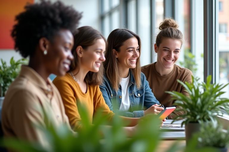 Cheerful Ladybug Lane team members working collaboratively in a bright, modern London office