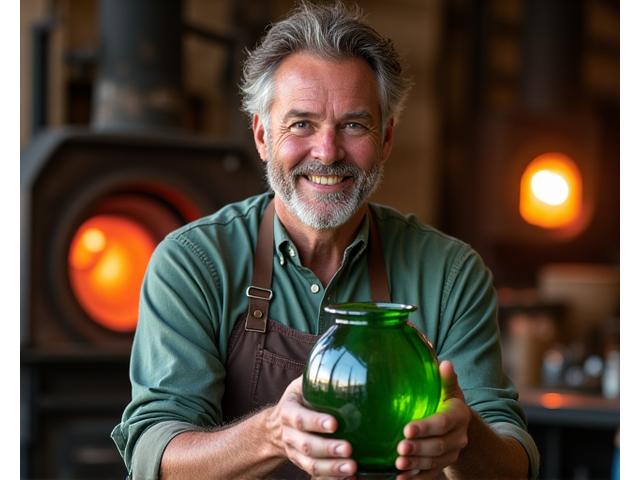 Portrait of a glassblower holding a newly crafted recycled glass vase.