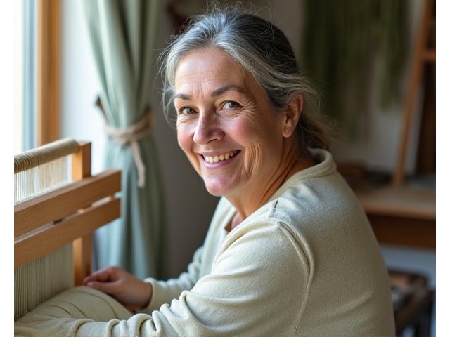 Portrait of a textile weaver at her loom, focusing on her craft.