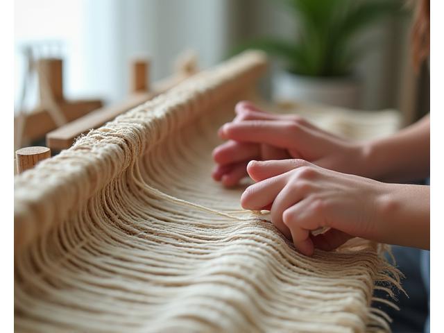 A weaver's hands gracefully working an intricate pattern on a loom, creating an organic cotton rug in a bright, airy studio.