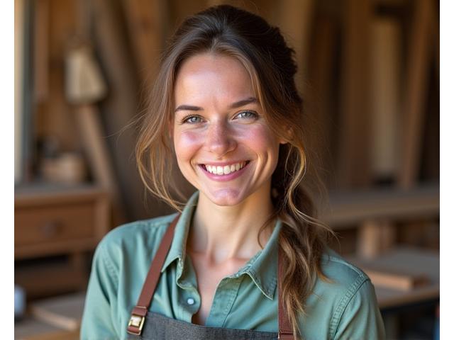 Portrait of artisan woodworker Eliza smiling in her workshop.