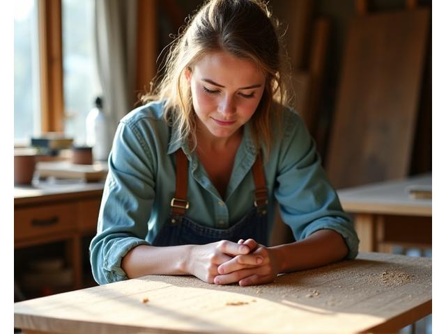 A focused artisan woodworker meticulously sanding a piece of reclaimed wood furniture in a sunlit workshop, surrounded by natural wood and tools.