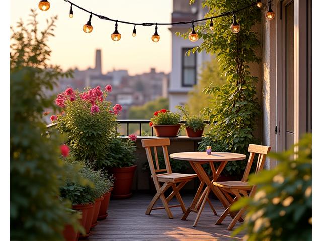 A small charming London balcony decorated with a compact upcycled bistro set, potted herbs, and string lights, creating an inviting outdoor retreat.