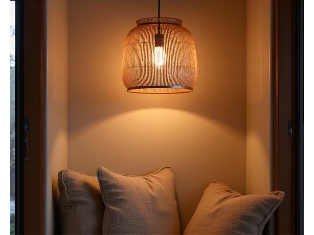 An elegant bamboo pendant lamp casting a warm, inviting glow over a small reading nook with an upholstered chair and a book.