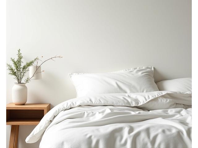 A minimalist bedroom with an organic cotton duvet, a simple reclaimed wood bedside table, and soft, natural lighting, promoting restful sleep.