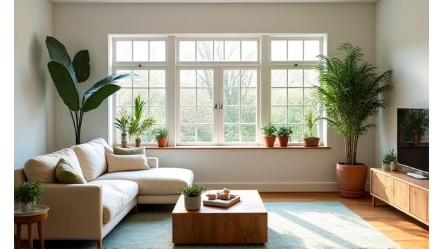After image: The same living room transformed into a bright, serene space with Ladybug Lane's organic sofa, reclaimed timber coffee table, and soft natural lighting. (Implies a slider effect not actual HTML/CSS)