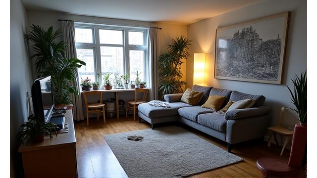 Before image: A cluttered, uninspired living room with synthetic furniture and harsh lighting in a London flat.