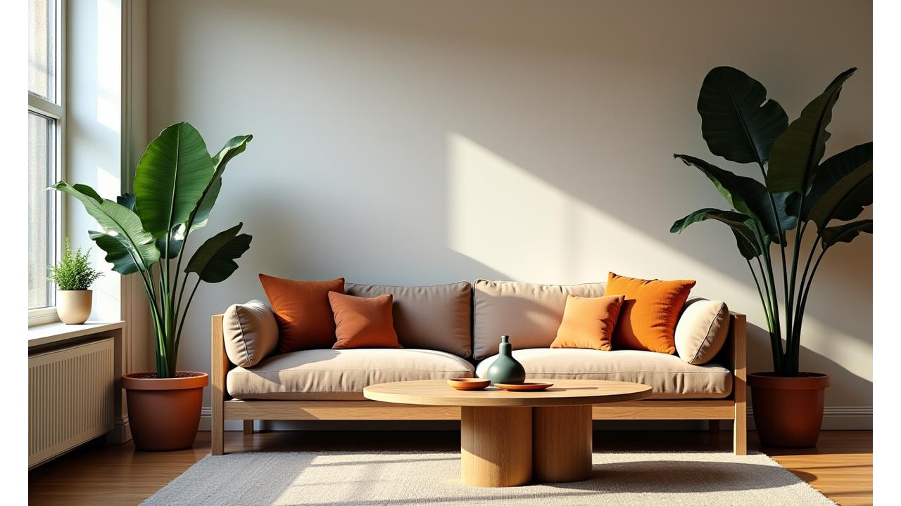 A beautifully styled living room featuring a reclaimed wood coffee table, organic cotton sofa, and a large potted fiddle-leaf fig plant, showcasing sustainable home decor in natural light.
