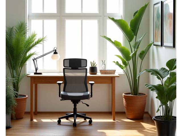 A modern, sunlit home office featuring a reclaimed wood desk, an ergonomic chair made with recycled materials, and minimalist green plants.