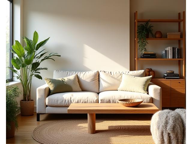 A modern London living room filled with natural light, featuring an organic linen sofa, reclaimed wood shelving, and a jute rug, styled harmoniously.