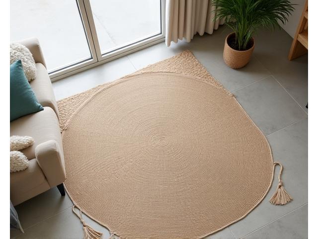 A large, textured natural fiber rug laid out in a bright, minimalist living room, adding warmth and organic texture to the space.
