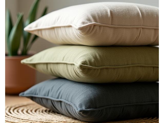 A close-up of organic cotton throw pillows in earthy tones, layered on a natural fiber rug, with soft, inviting textures visible.