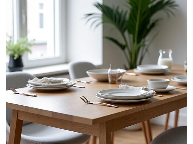 A sleek dining table made from reclaimed oak wood, set with minimalist eco-friendly dinnerware in a modern London apartment dining area.
