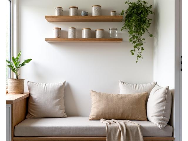 A bright, small London kitchen featuring a compact reclaimed wood dining nook, shelves with ceramic storage, and a potted herb garden, maximizing space efficiently.