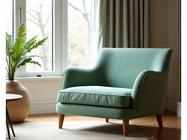 An elegantly upcycled accent chair upholstered in a muted green organic linen, next to a window with natural light, in a stylish London living room.