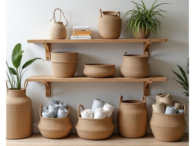 A collection of hand-woven natural fiber storage baskets in various sizes, neatly arranged on reclaimed wood shelving, holding blankets and books.