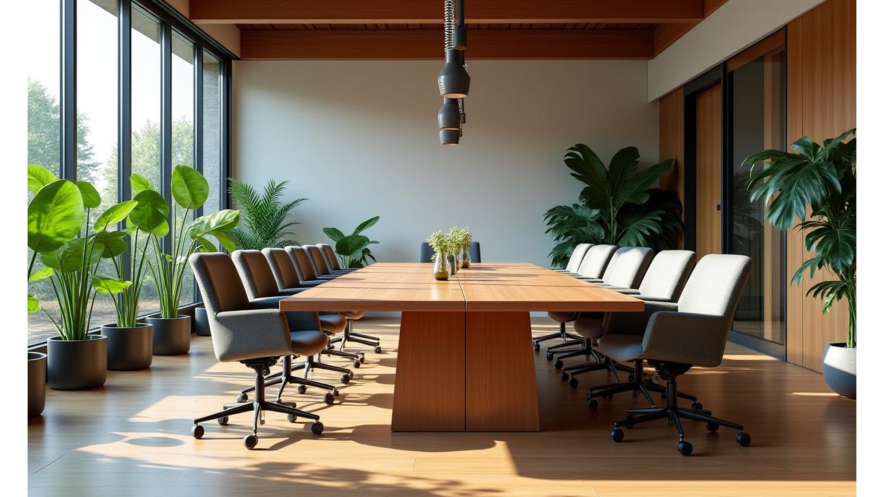A modern, eco-friendly meeting room with a large wooden table, ergonomic chairs made from recycled materials, and many thriving indoor plants, showcasing a sustainable corporate environment.