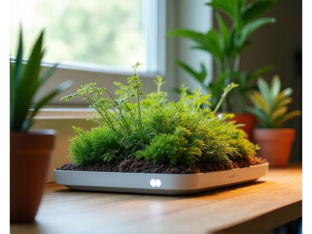 A small DIY plant-based air purification system, perhaps a moss wall panel or a terrarium with air-purifying plants, integrated into a workstation.