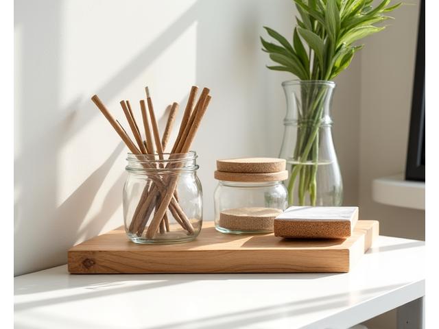 A stylish desk organizer made from polished reclaimed wood and glass jars, filled with plant-based pens and paperclips, on a white desk.