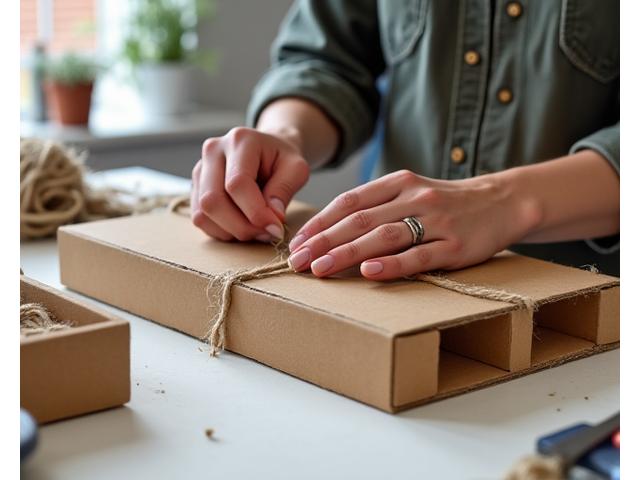 Hands crafting a modular desk organizer from recycled cardboard and natural twine, illustrating an upcycling DIY project.
