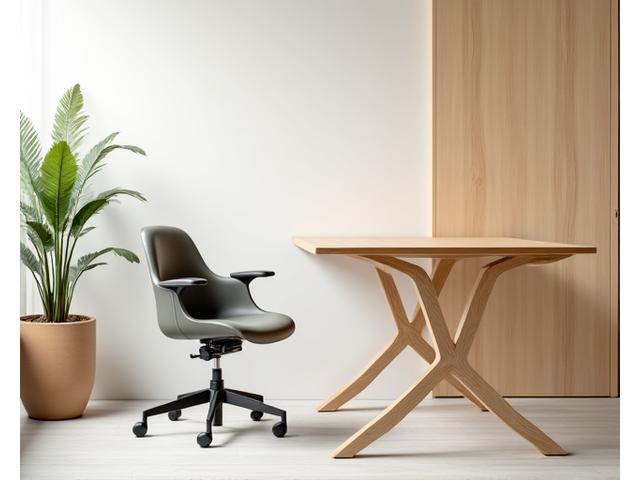 An ergonomic office chair made from recycled plastic and wood, alongside a minimalist standing desk, in a modern, sunlit office space.