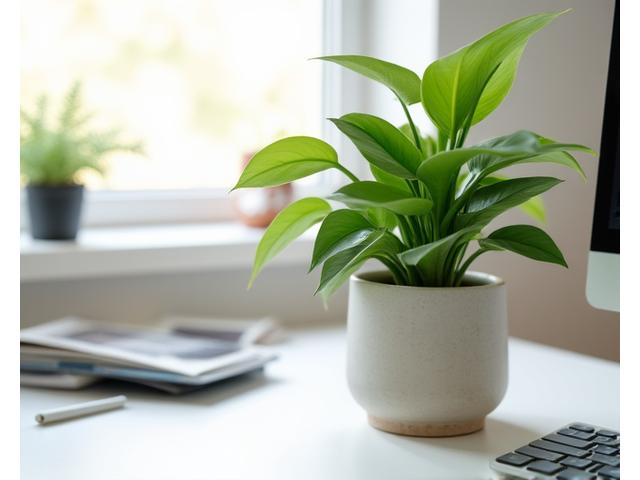 A vibrant desk plant, possibly a snake plant or Pothos, in a handmade ceramic pot, next to a subtle air purifier, enhancing a clean office desk environment.