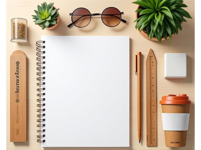 A collection of eco-friendly office supplies: plant-based pens, notebooks made from recycled paper, bamboo rulers, and reusable coffee cups on a clean desk.