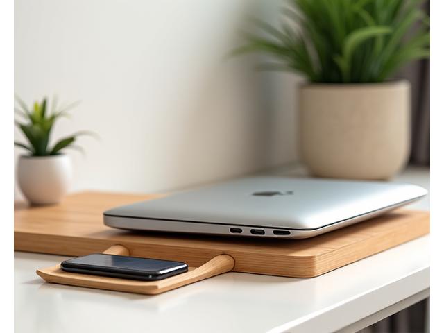 A bamboo laptop stand with a sleek laptop, next to a small solar-powered charger and a neat cable management system made from natural fibers.